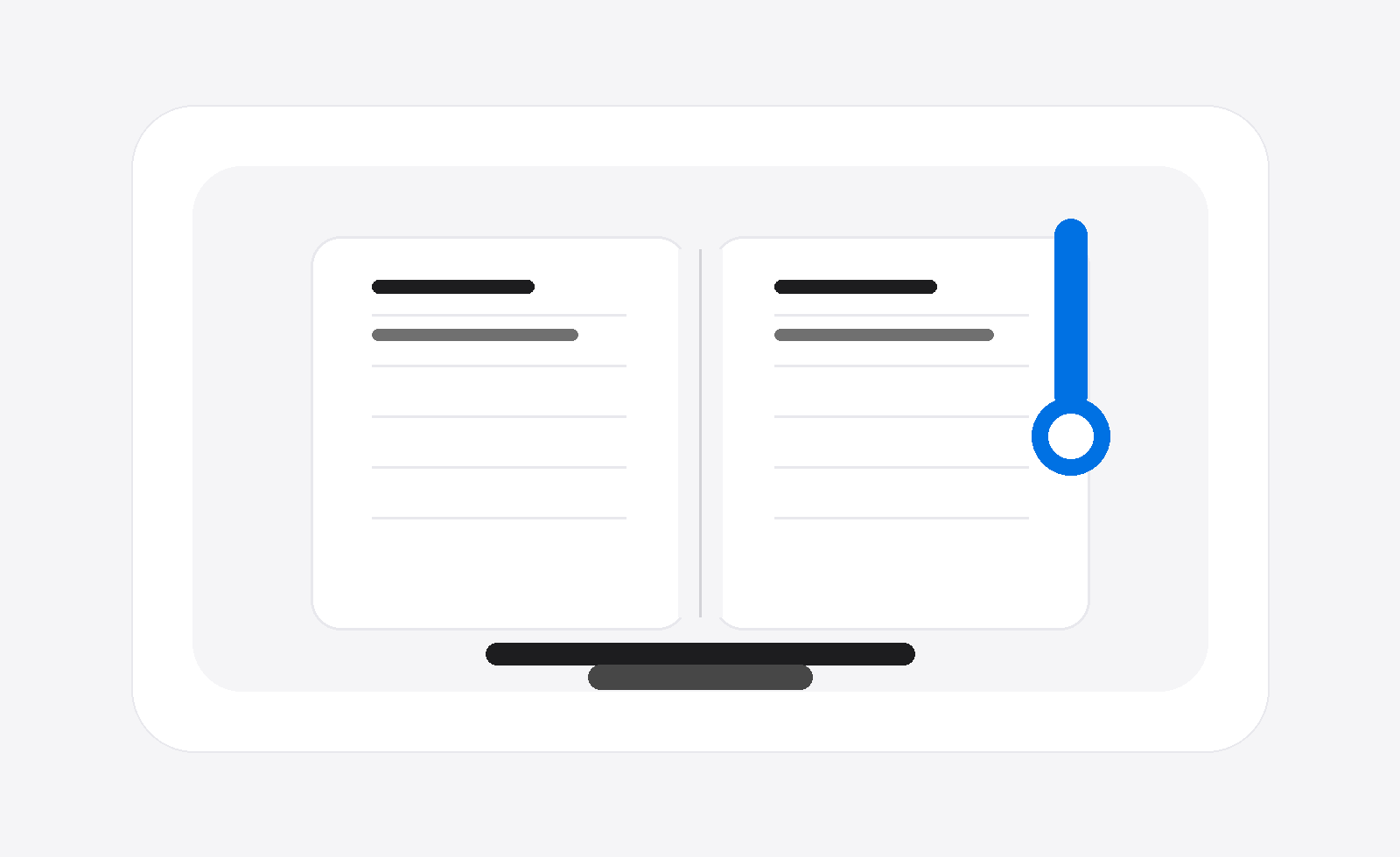 A white notebook with a blue bookmark on a soft gray surface.